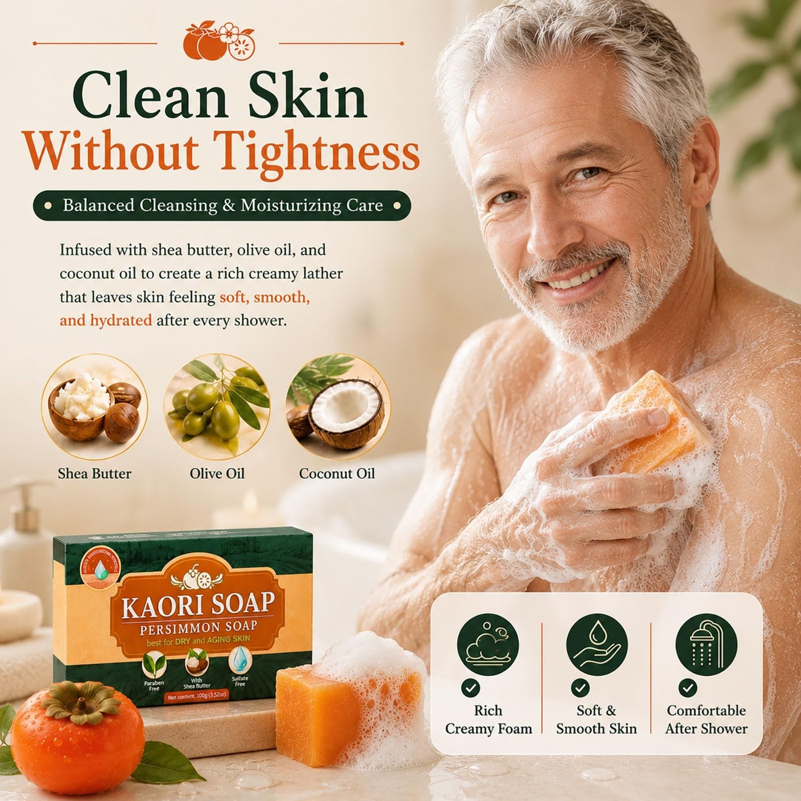 Natural Deodorizing Persimmon Soap for Dry Aging Skin, Green Tea Extract, Gentle