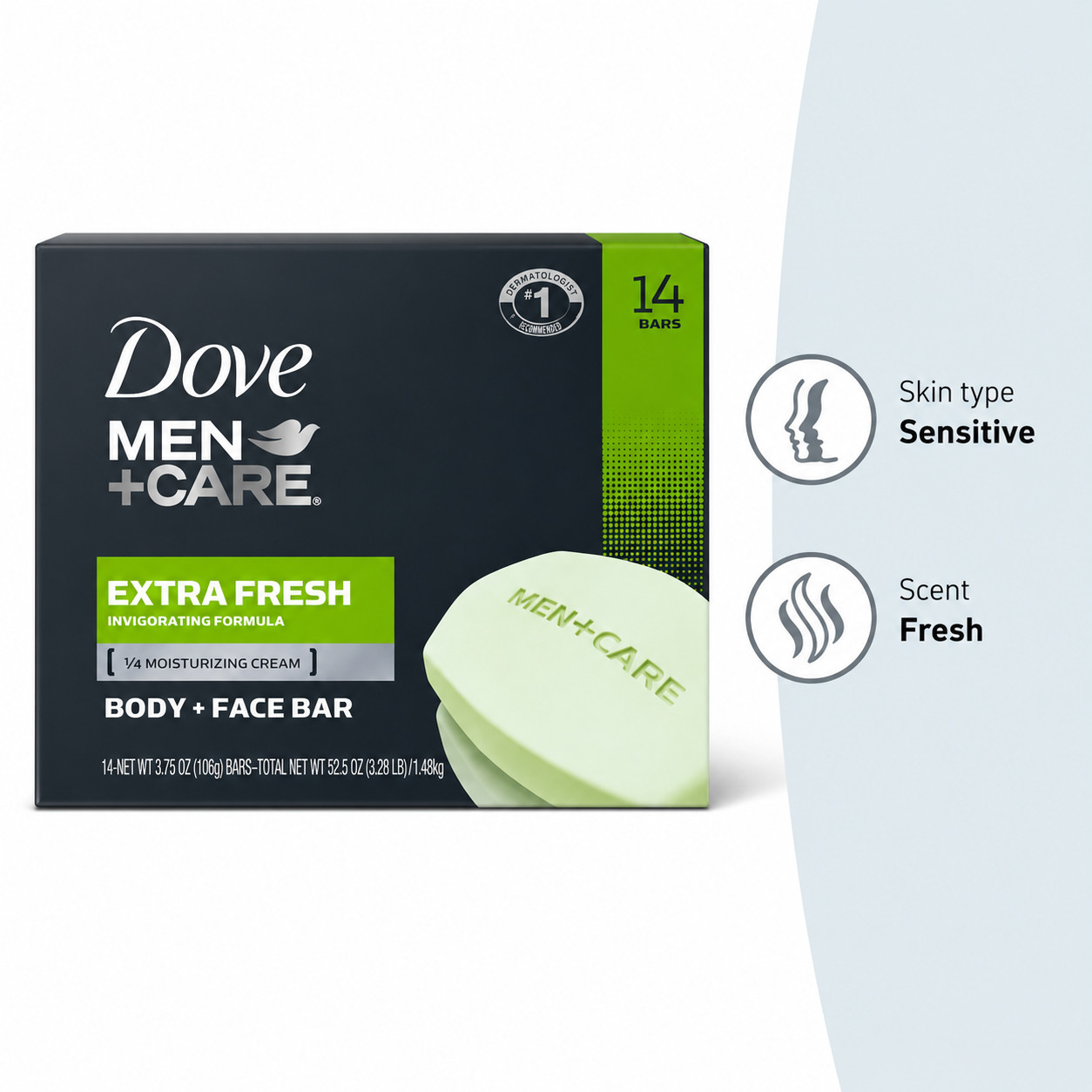 14 bars DOVE MEN + CARE EXTRA FRESH 3 N 1 Cleanser for Body Face Shaving 3.75 oz