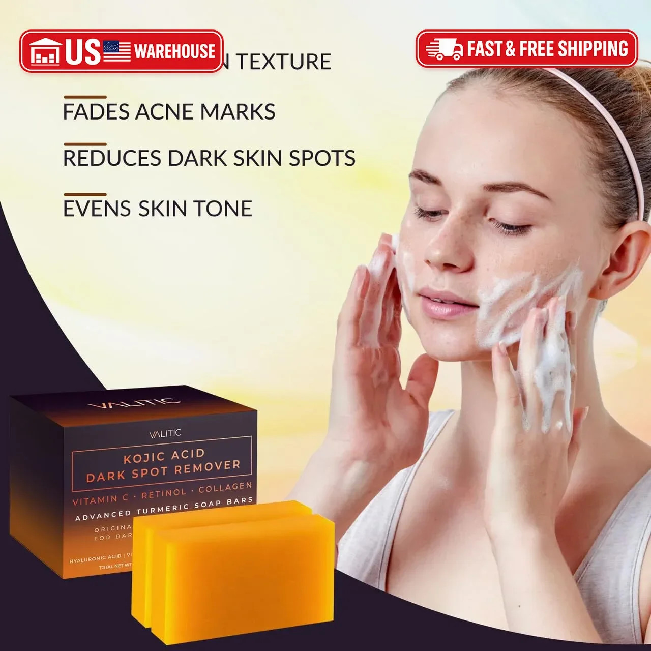 VALITIC Kojic Acid Dark Spot Remover Soap Bars with Vitamin C, Retinol, Collagen
