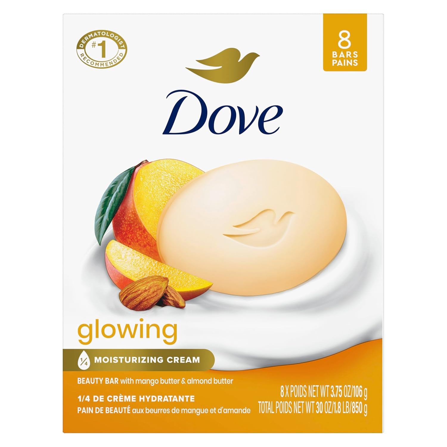 Dove Glowing Beauty Bar Soap 8 Count, Mango & Almond Butters, 3.75 Oz I Moisturi