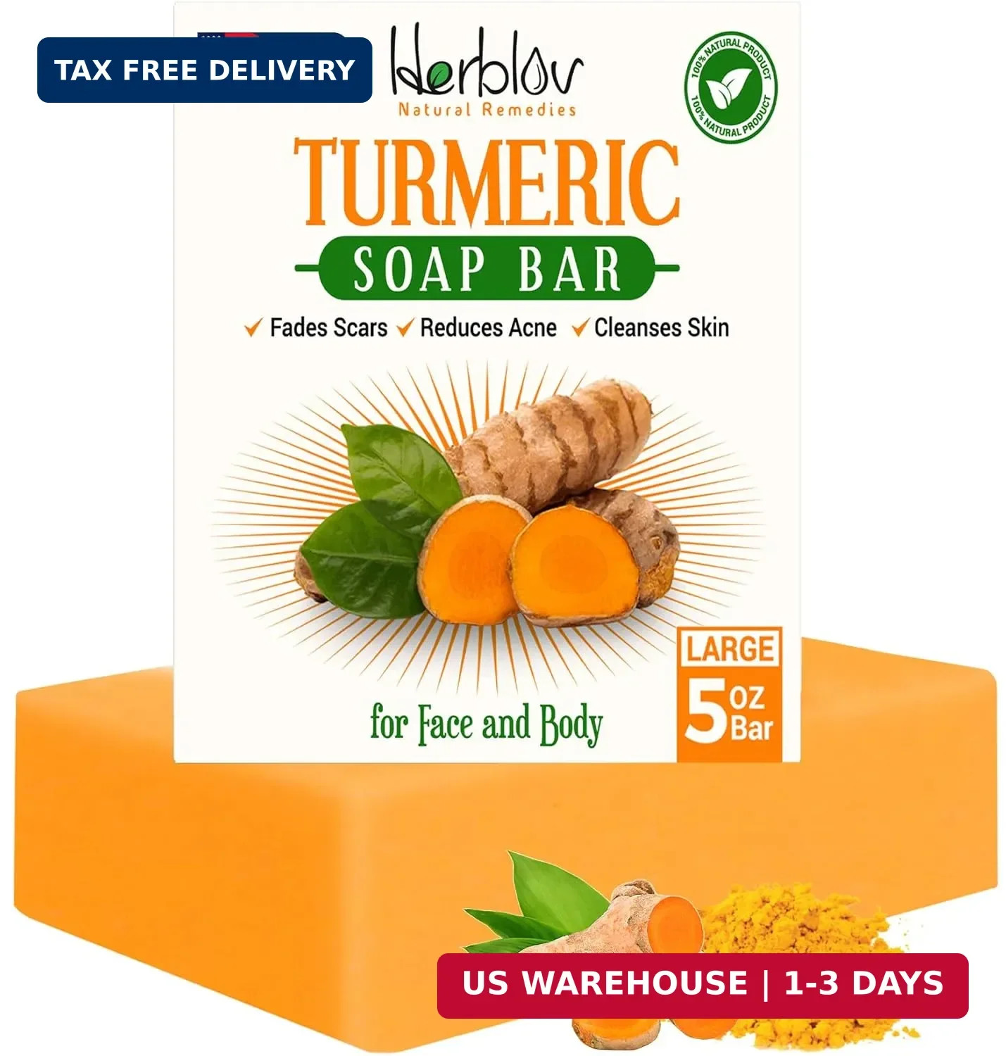 Herblov Natural Turmeric Soap Bar for Face & Body – Skin Brightening Soap for Da