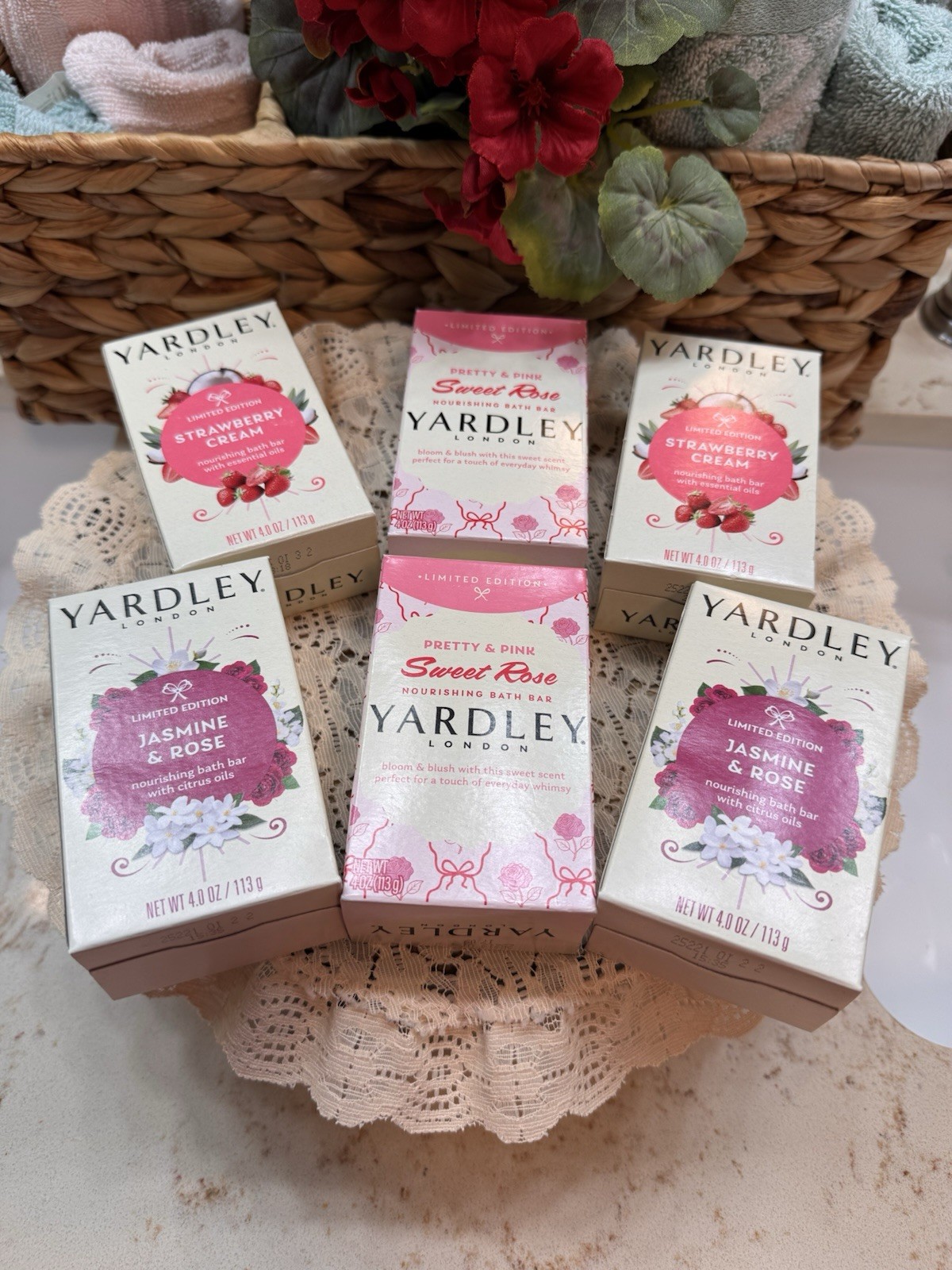 Yardley Set Of 6 Bar Soaps Jasmine Rose, Strawberry Cream, Sweet Rose 4 oz Bars
