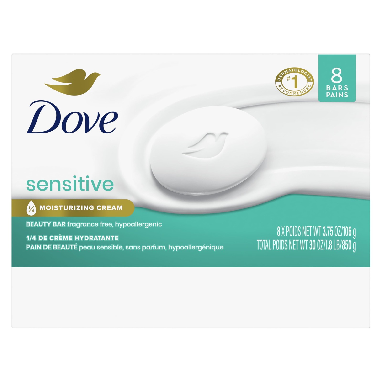 Dove Beauty Bar Soap Sensitive, 8 Bars for Sensitive Skin, Fragrance Free and…