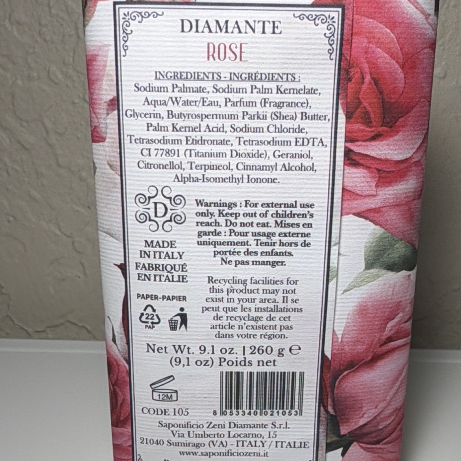 Diamante Rose Scent Triple Milled Soap Bar for Hands & Body 9.1 oz Italy