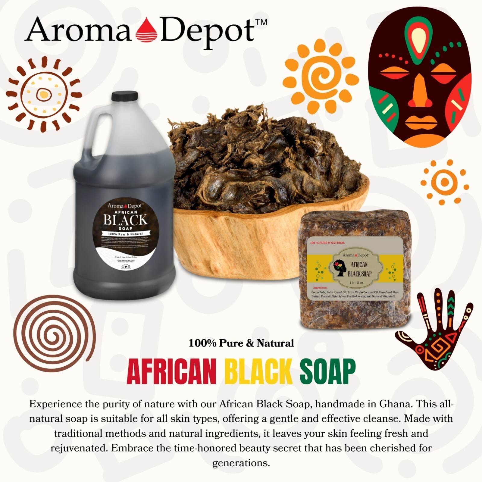 African Black Soap Bar 4 oz. Pure Organic Unrefined Natural Hair Body Face Wash