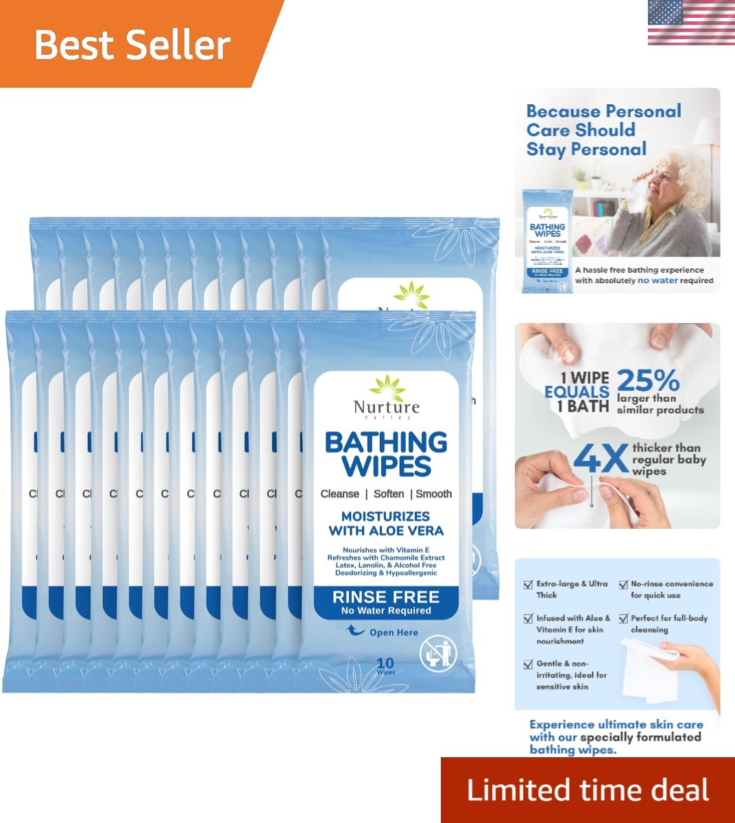 Nurture Rinse Free Bathing Wipes for Adults w/Aloe | Waterless Cleansing for …