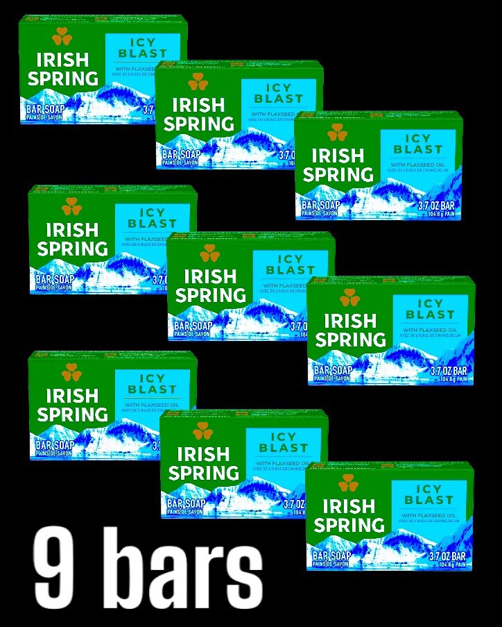 9 Irish Spring Icy Blast Deodorant Bar Soap:(3pk x 3),12hr Fresh, w Flaxseed Oil