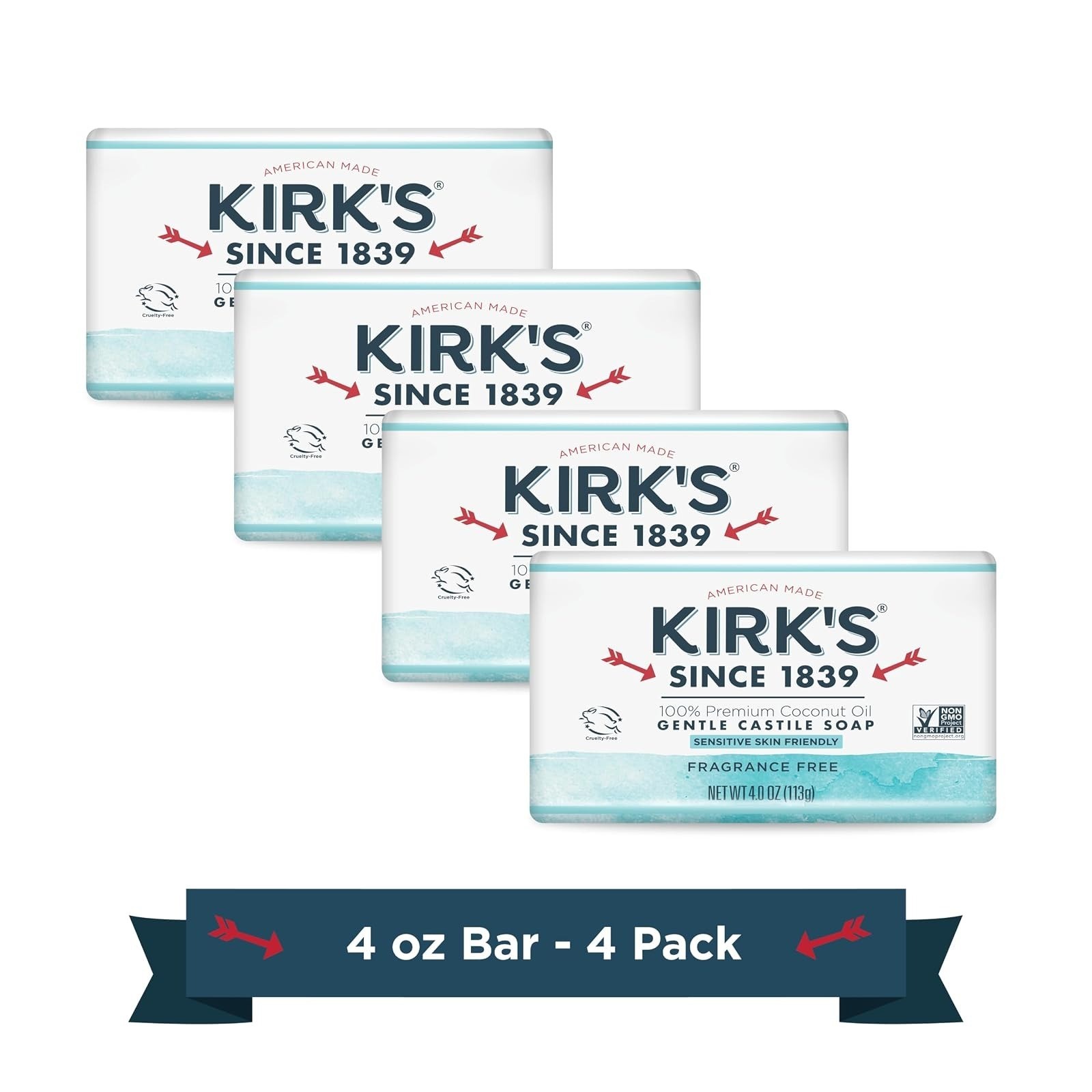 Kirk’s Castile Bar Soap | Fragrance-Free | Sensitive Skin | 4 Pack
