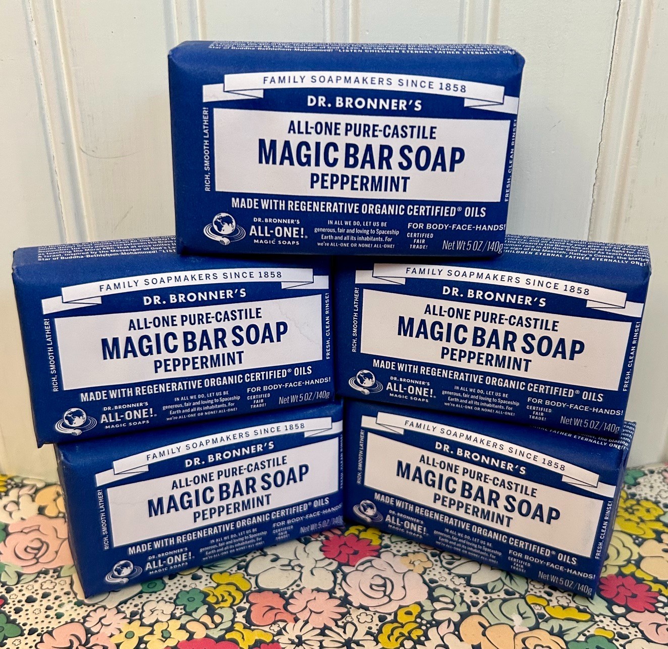 5 DR. BRONNER’S ALL ONE PURE CASTILE PEPPERMINT MAGIC BAR SOAP 5 oz ea