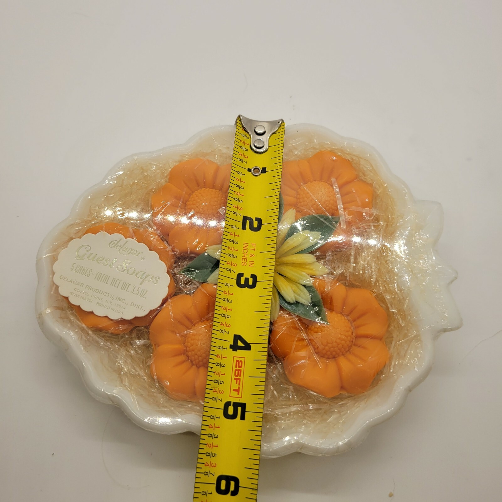 Vintage Delagar Orange Floral Guest Soaps sealed in Package Milk Glass Dish