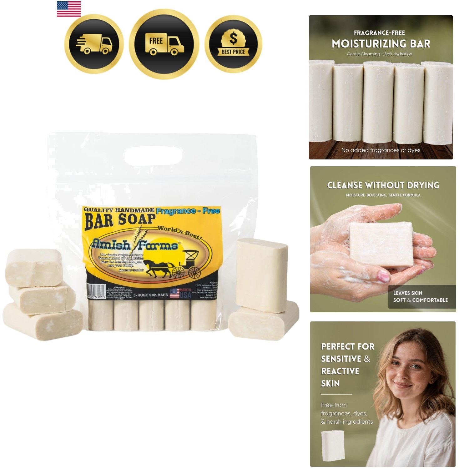 Fragrance Free Moisturizing Bentonite Clay Bar Soap – 5 Bars