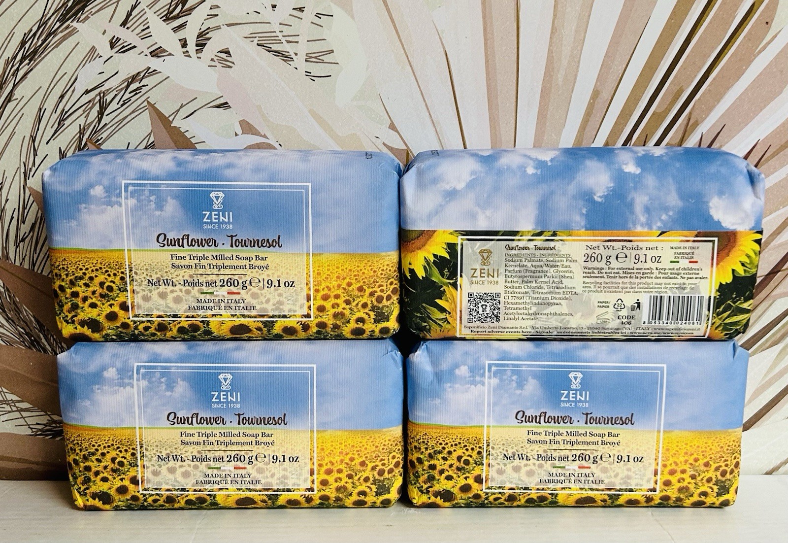 4-Pack Zeni ~ Sunflower Fine Triple Milled Soap Bar 9.1 oz Each Made in Italy