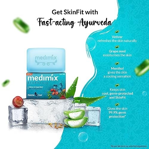 Medimix Cool Soap Menthol Vetiver Grape Seed 125g Ayurvedic 5Pc Vegan Bar