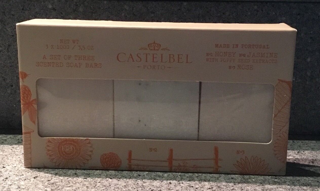 Castelbel Porto Soap-3 Bars- Honey, Jasmine w/ Poppy Seed Extract & Rose- New