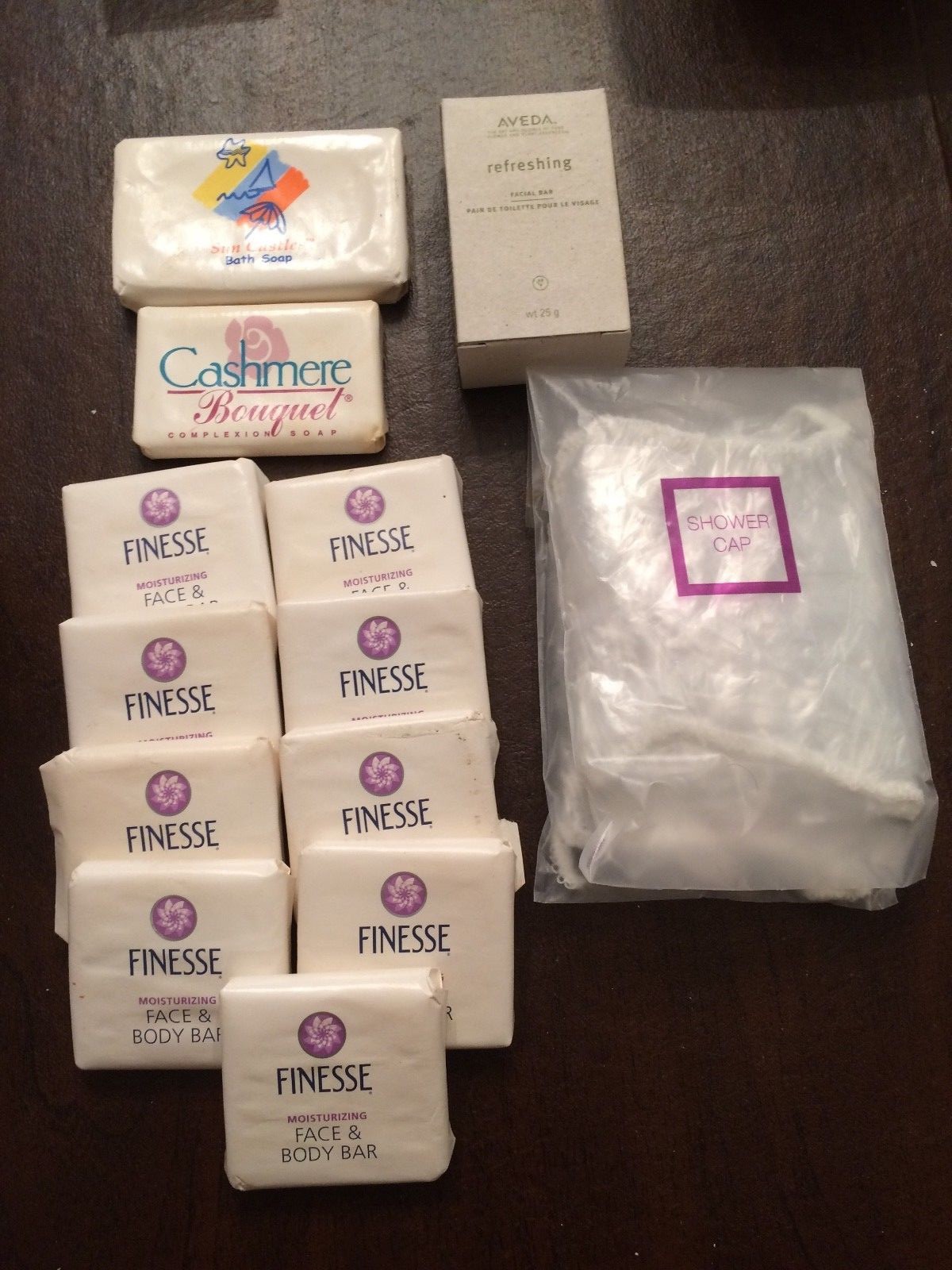 Travel Size Assorted Soaps Finesse, Aveda and Cashmere & 2 Shower Caps Lot