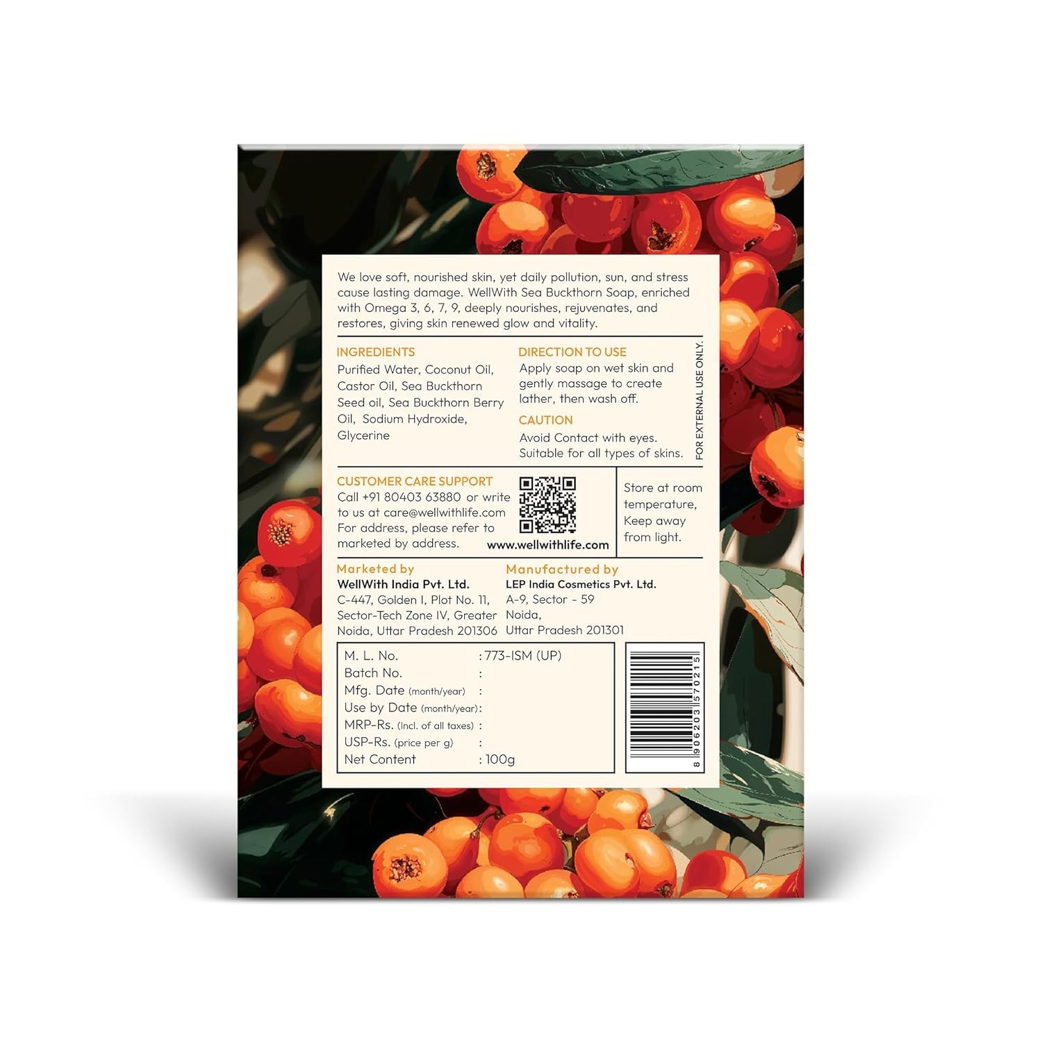 Wellwith by Ayuzera Sea Buckthorn Natural Soap Bar (100gm Pack of 3)