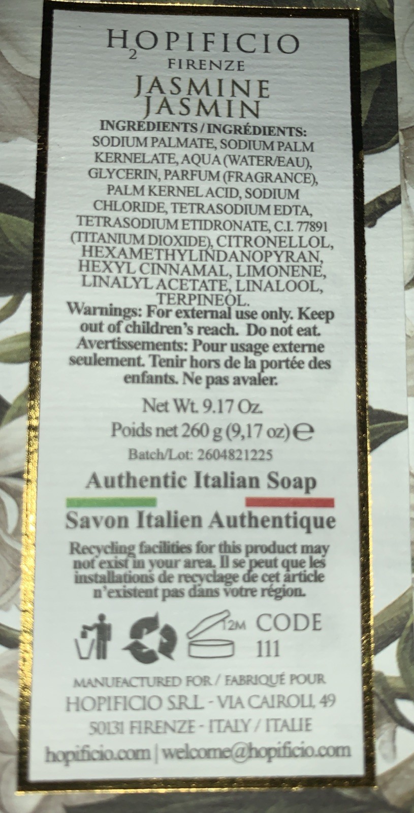Classic Jasmine Hopificio Finest Triple Milled Soap 9.17 oz Italy New