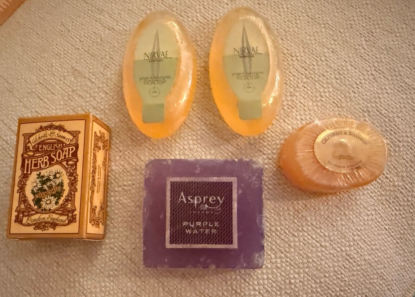 Lot of 5 Soaps ASprey Purple Water GIlchrist & Soames Travel Sizes