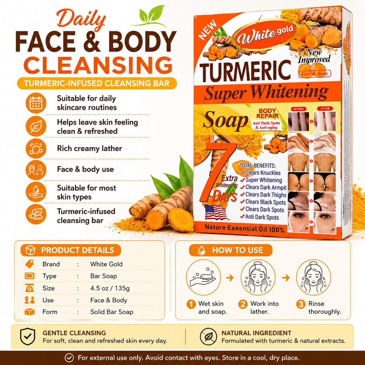 White Gold Turmeric Soap 4.5 oz Bar Soap For Face & Body Daily Cleansing – 1 Bar