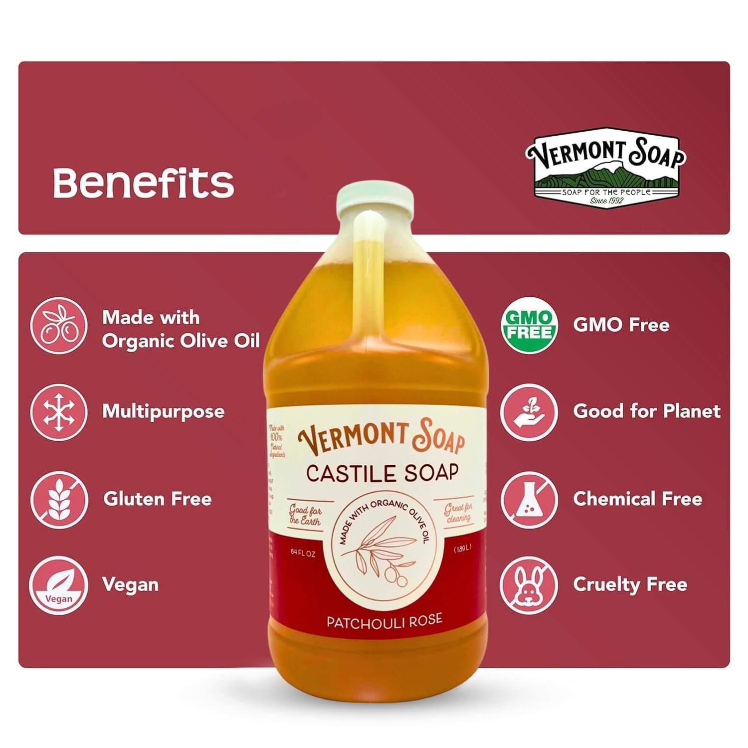 Organic Castile Body Wash & Shampoo – Patchouli Rose, 64 Oz