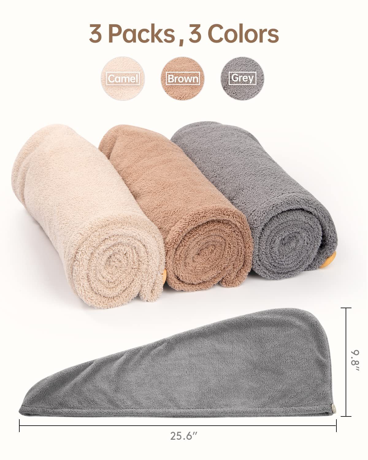 YFONG Microfiber Hair Towel 3 Pack, with Gray, Camel, Brown