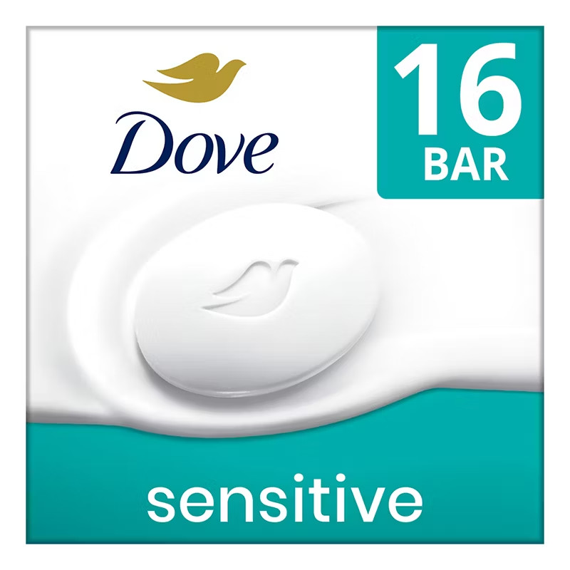 Dove Beauty Bar Soap Sensitive, Fragrance‑Free & Hypoallergenic, 16 Ct./3.75 oz