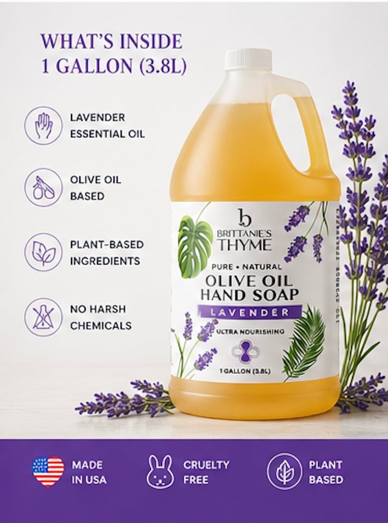 Brittanie’s Pure Organic Castile Liquid Olive Oil Soap Refill, Lavender 1 Gallon