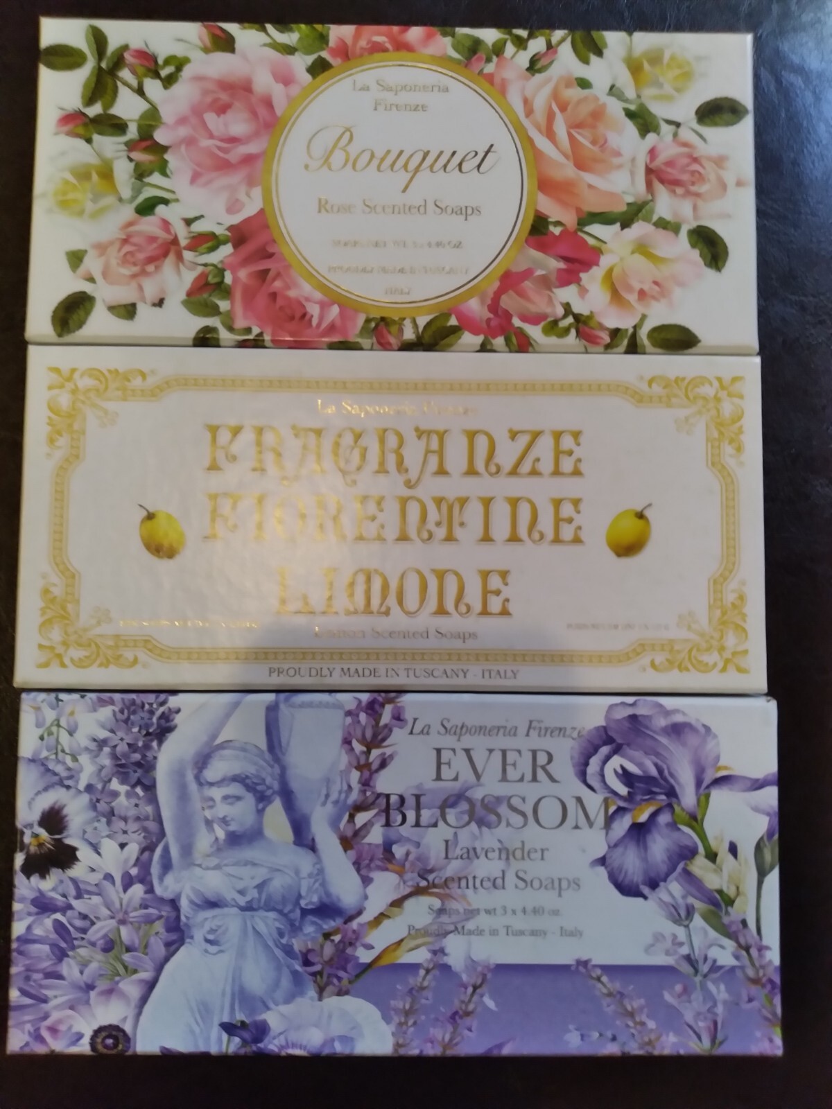 LA SAPONERIA FIRENZE ROSE LEMON LAVENDER ITALIAN SOAP 3 BOXES 3 X 4.4 OZ / BOX