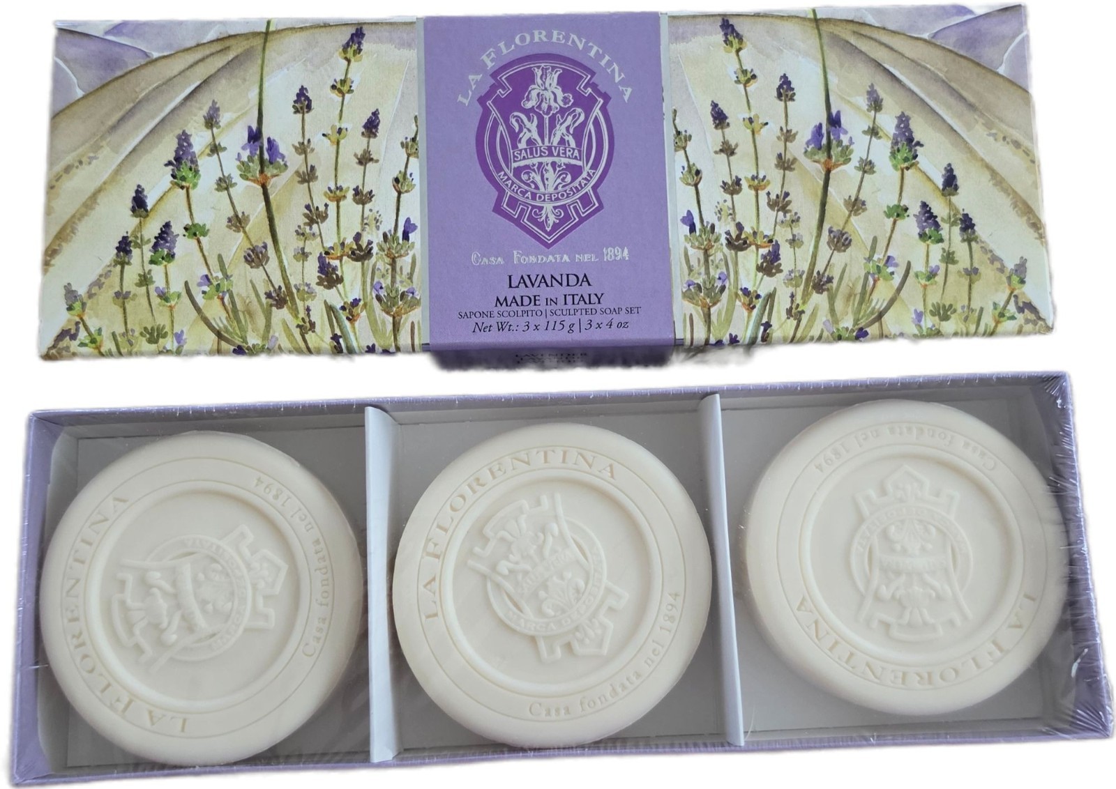 La Florentina Lavender Sculpted Soap Set Made in Italy 3x115g 4oz New NIB Sealed