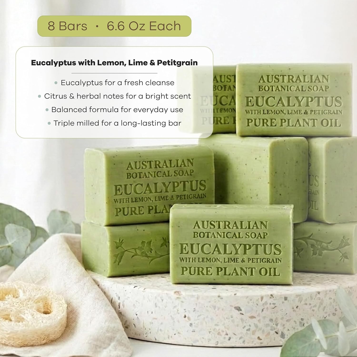 Organic Shea Butter Soap Bars – Eucalyptus Scent, 8 Pack