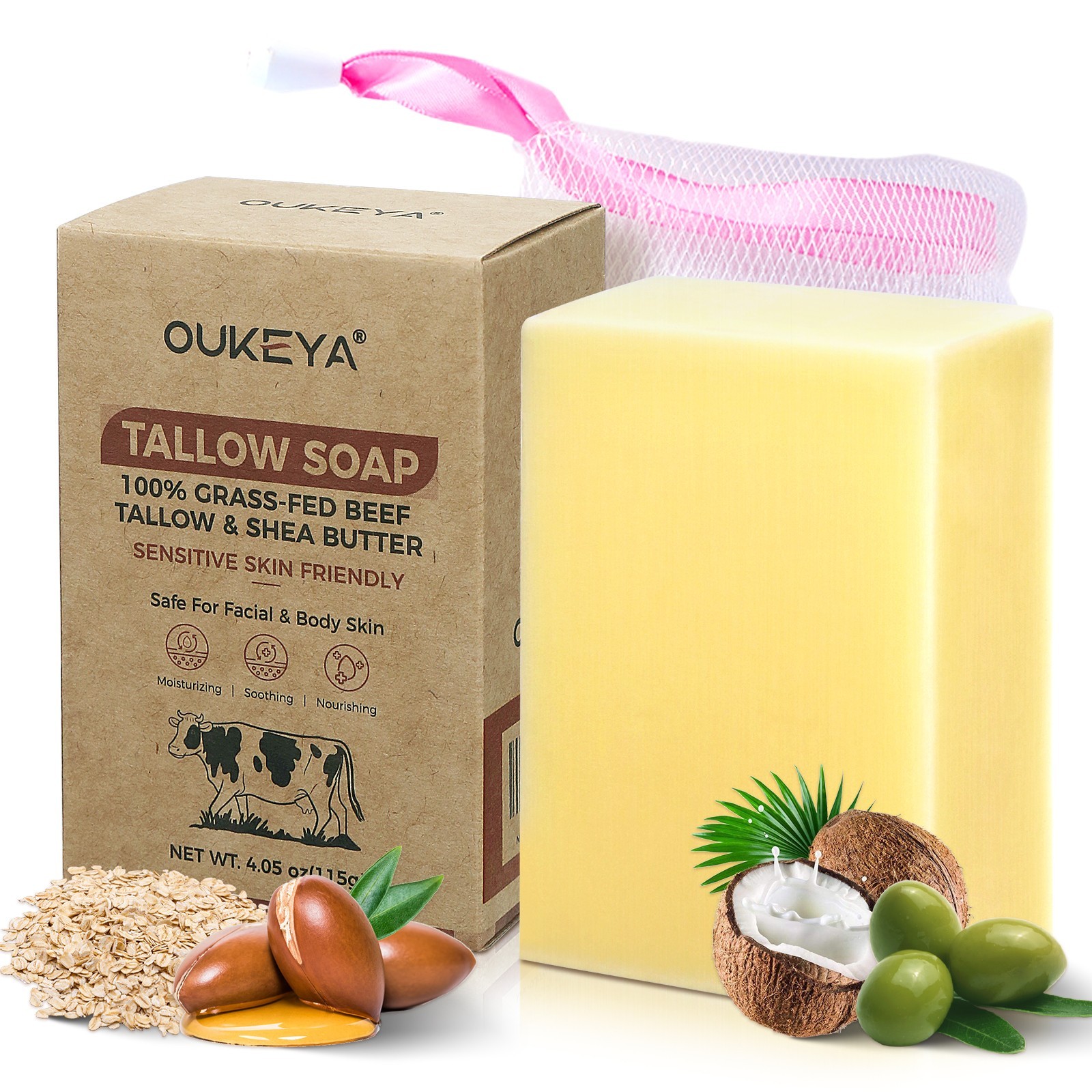 OUKEYA Beef Tallow Bath Soap Moisture, Gentle Cleansing for Dry & Sensitive Skin