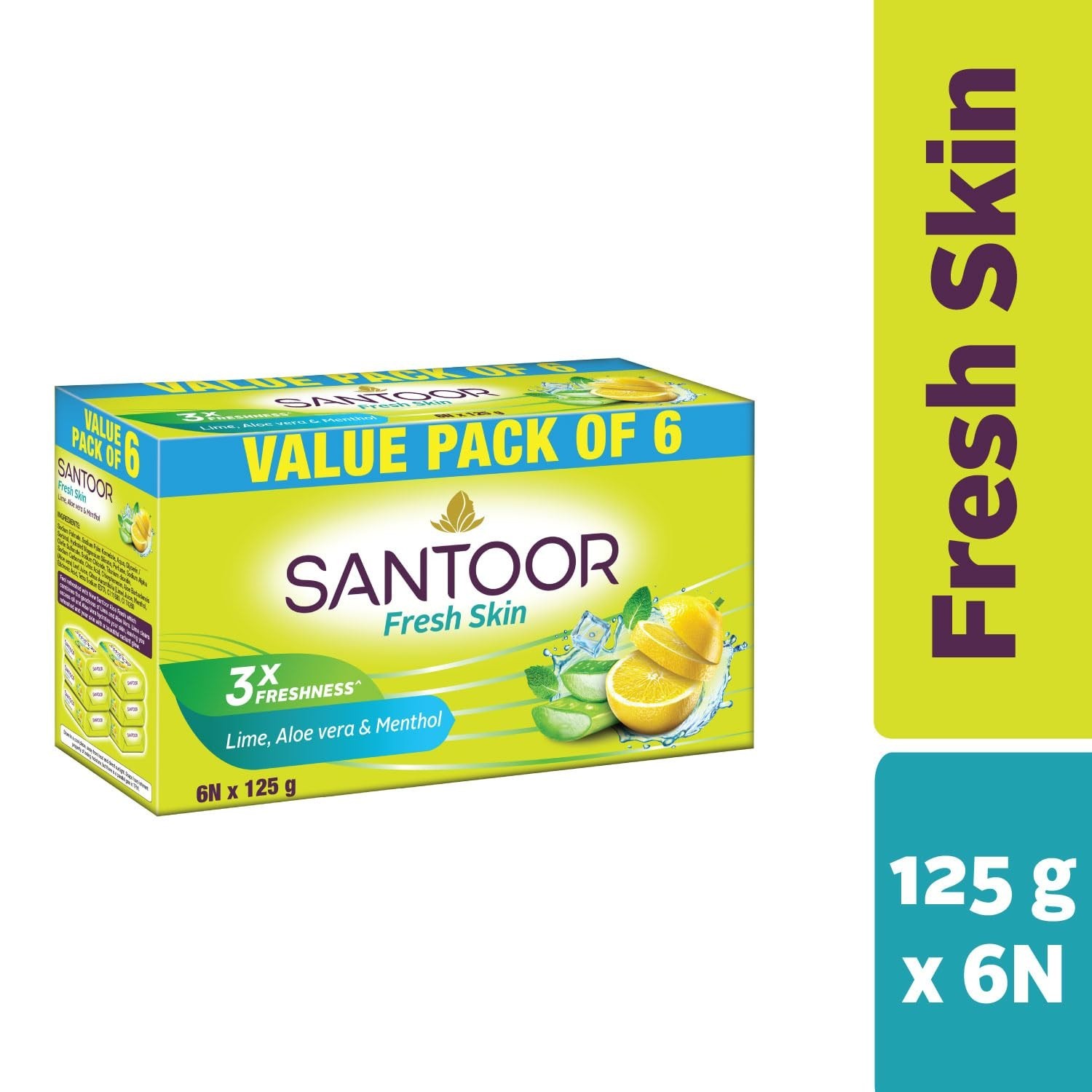 Santoor Fresh Skin Aloe Vera & Lime Bathing Soap, 125g x Pack of 6