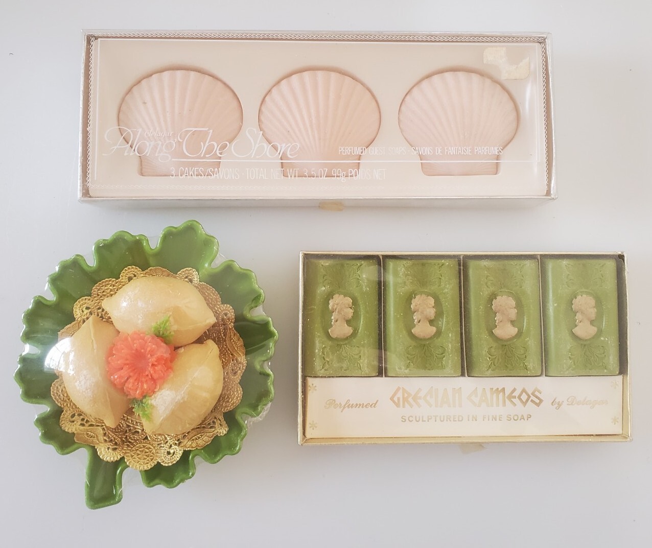 Vintage Delagar Guest Soaps Grecian Cameos Seashells Lemons NOS