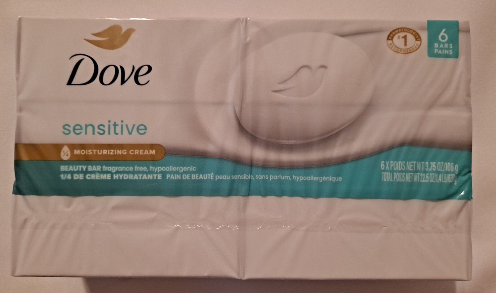 Dove SENSITIVE Moisturizing Beauty Bar Fragrance Free 6 BARS (Total 22.5 oz)