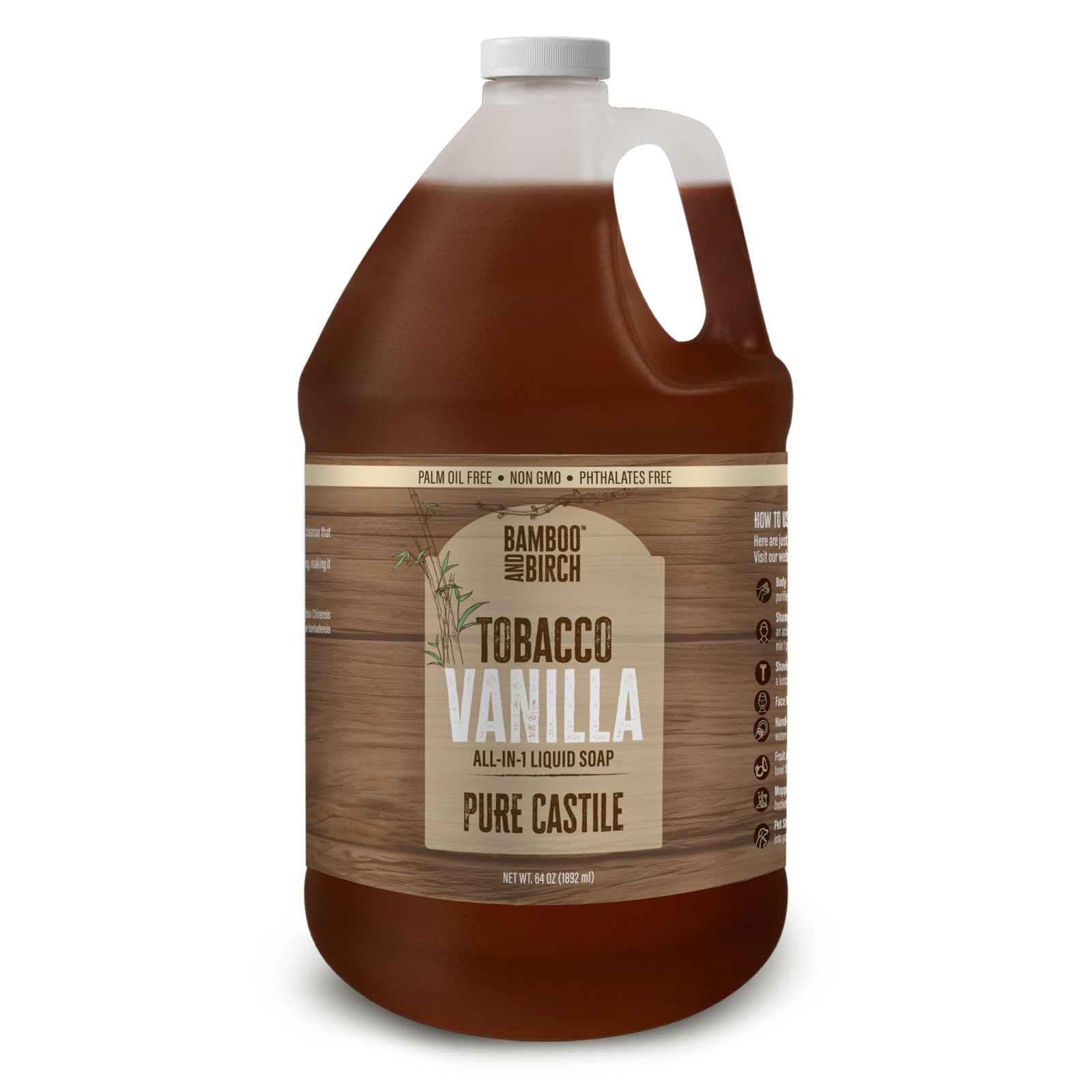 Bamboo & Birch Organic Castile Soap Tobacco Vanilla 64 oz Palm Oil Free