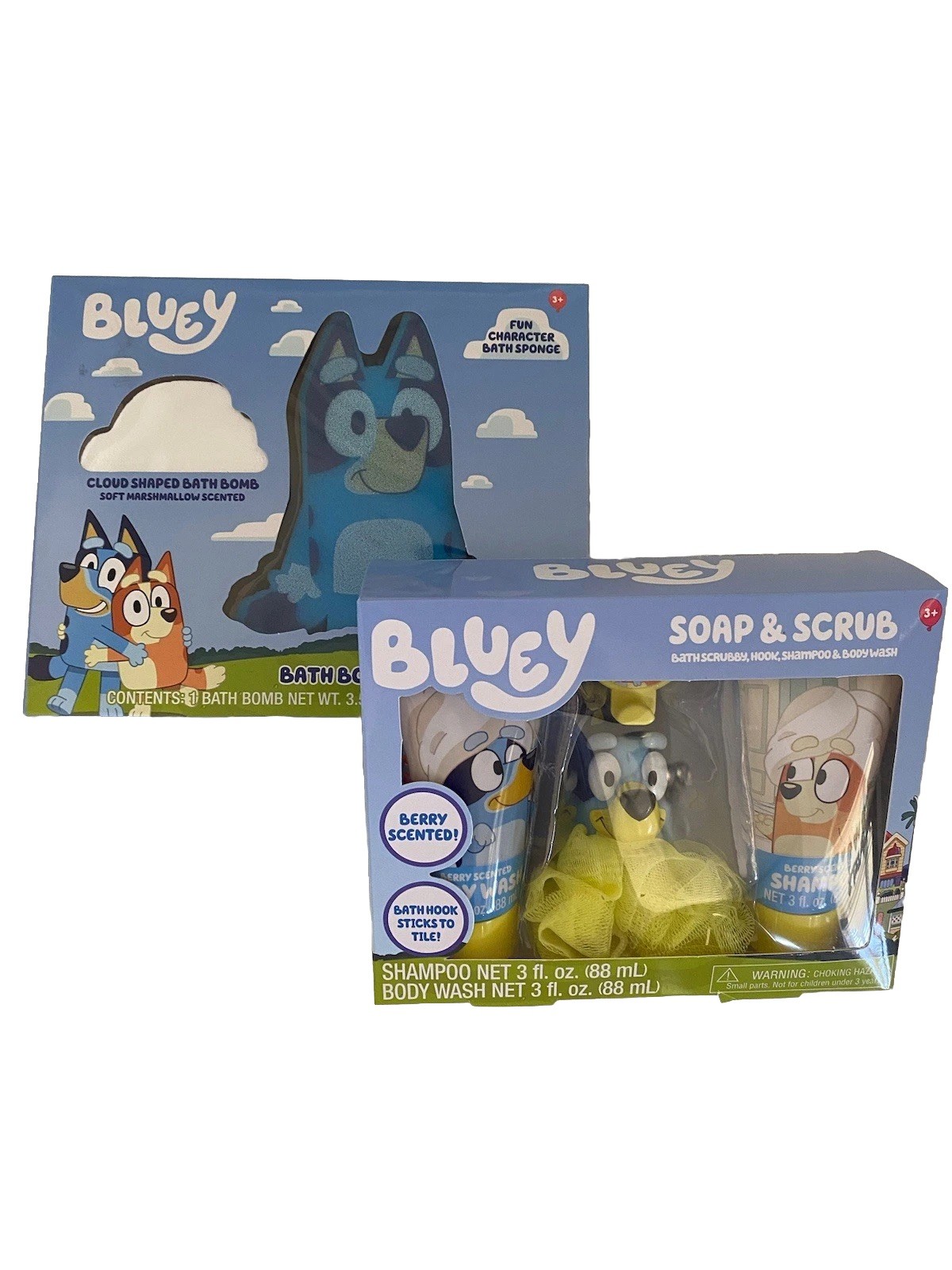 BLUEY 4 PIECE SOAP & SCRUB GIFT SET & BATH BOMB SPONGE GIFT SET NIB BERRY SCENT