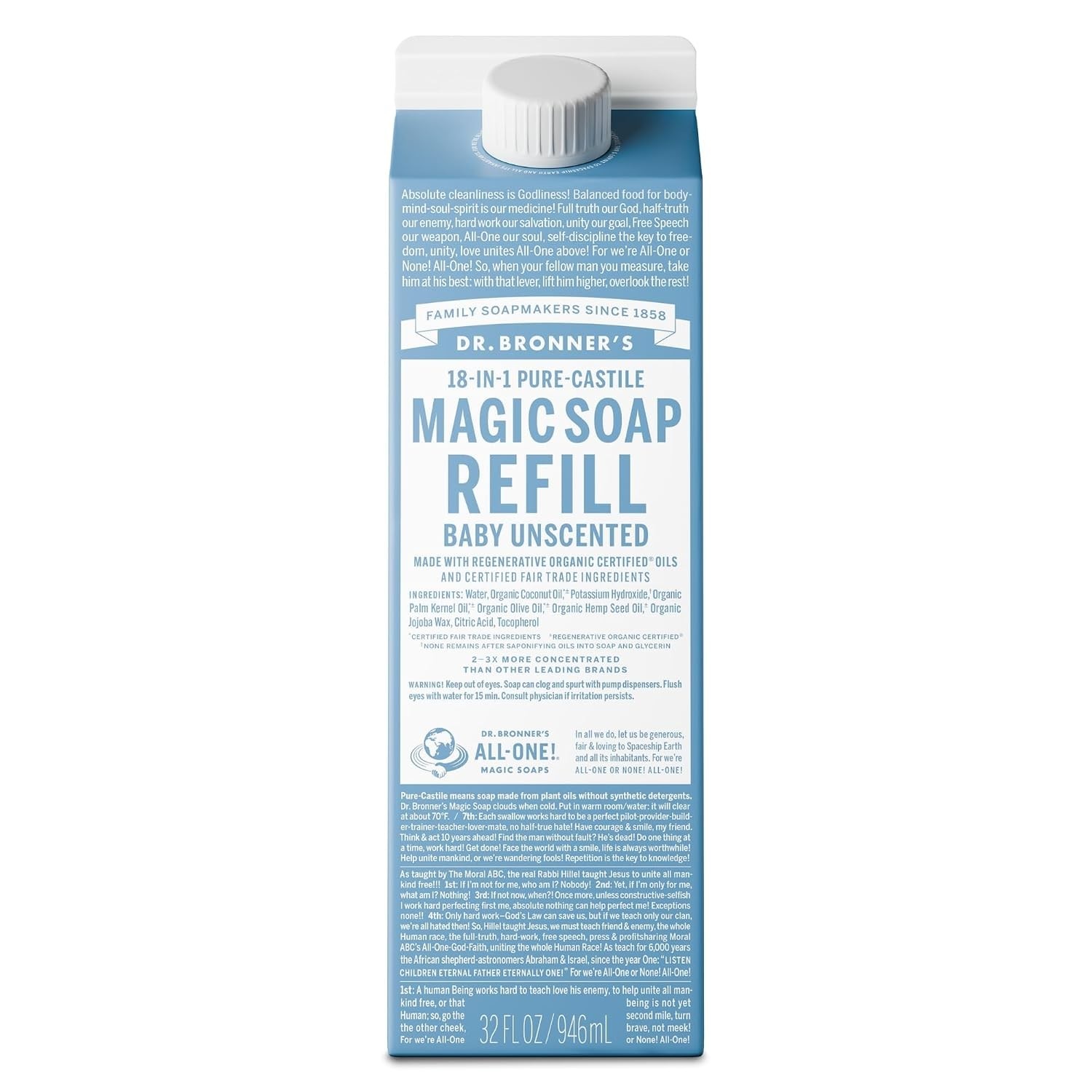 Concentrated Organic Castile Soap Refill – 32oz Baby Unscented with Less Plastic