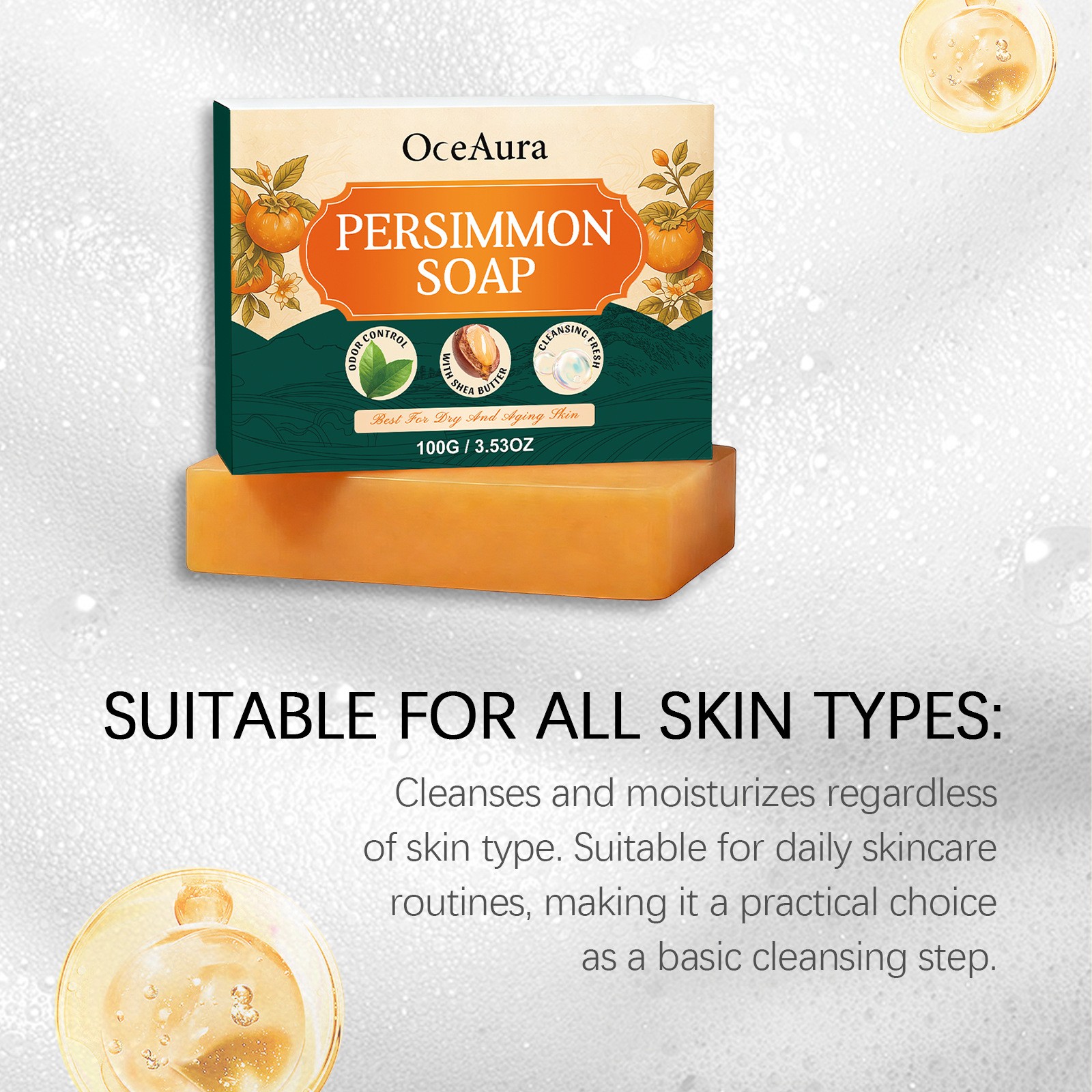 Persimmon Soap Bar for Body Odor Control Professional Skin Cleaning Soft Smooth