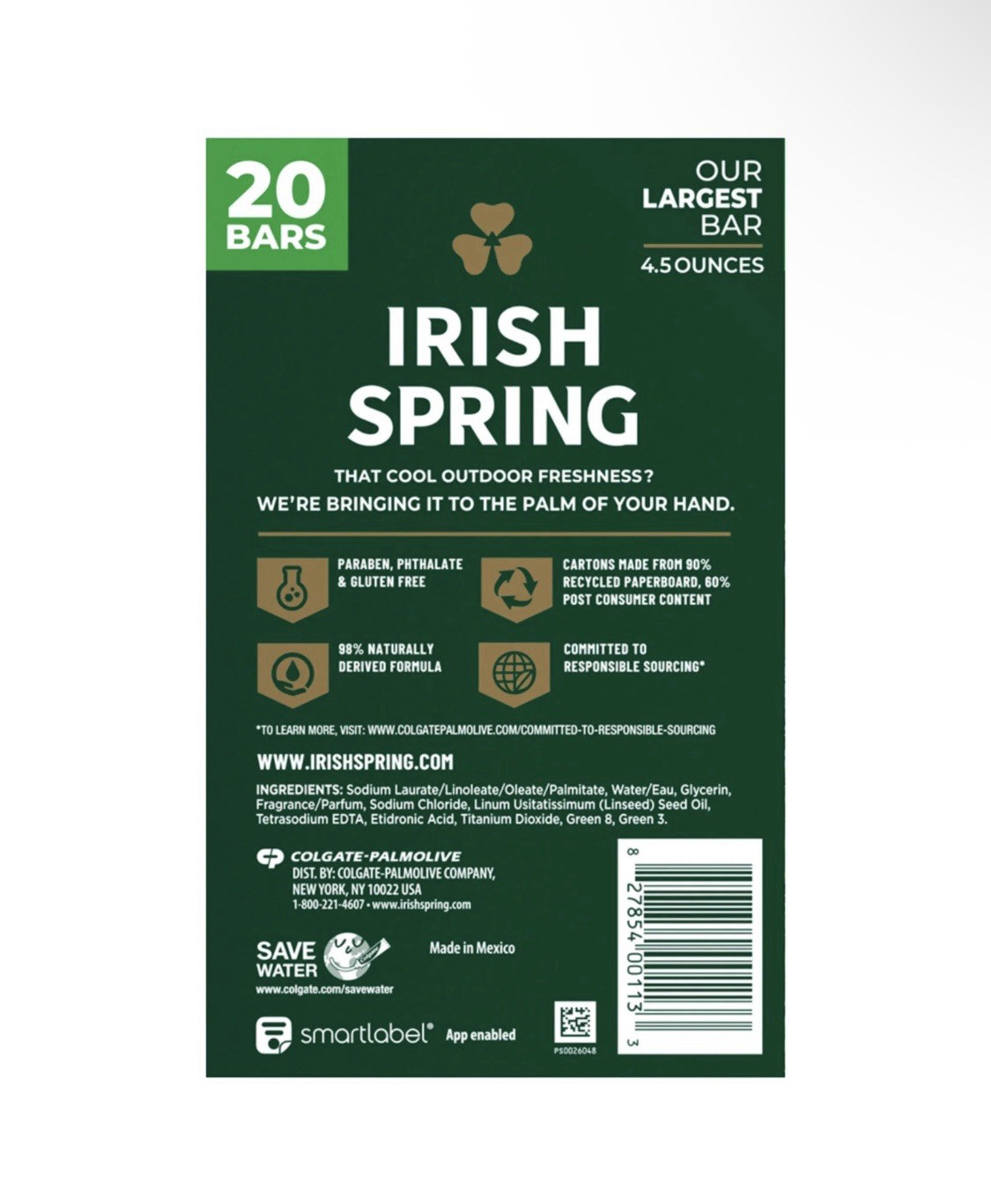Irish Spring Deodorant Bar Soap, Original Clean, 4.5 oz, 20-count