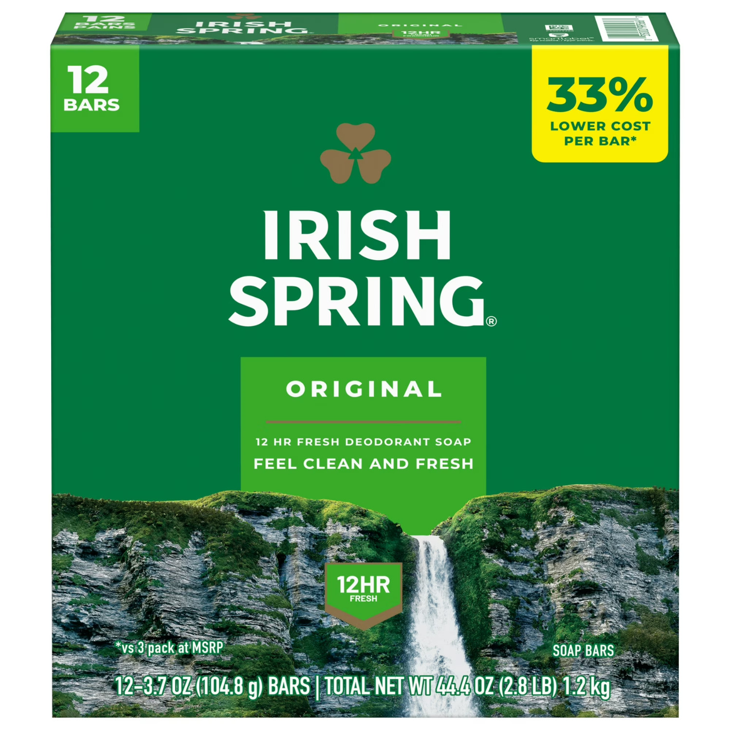 Irish Spring Bar Soap for Men, Original Clean, All Skin Types, 3.7 oz, 12 Pack