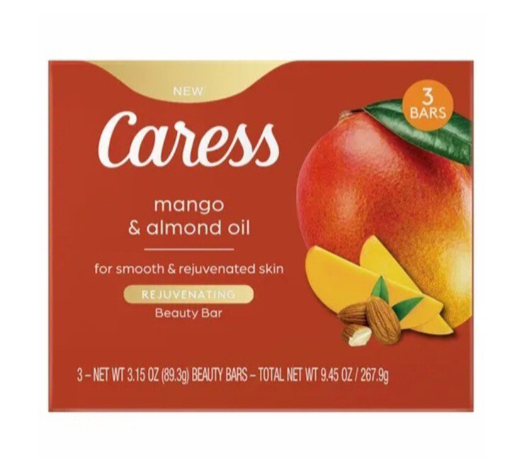 NEW! CARESS (3-BARS) 3.15 Oz. Bars •MANGO & ALMOND OIL• Rejuvenating Beauty Bar.