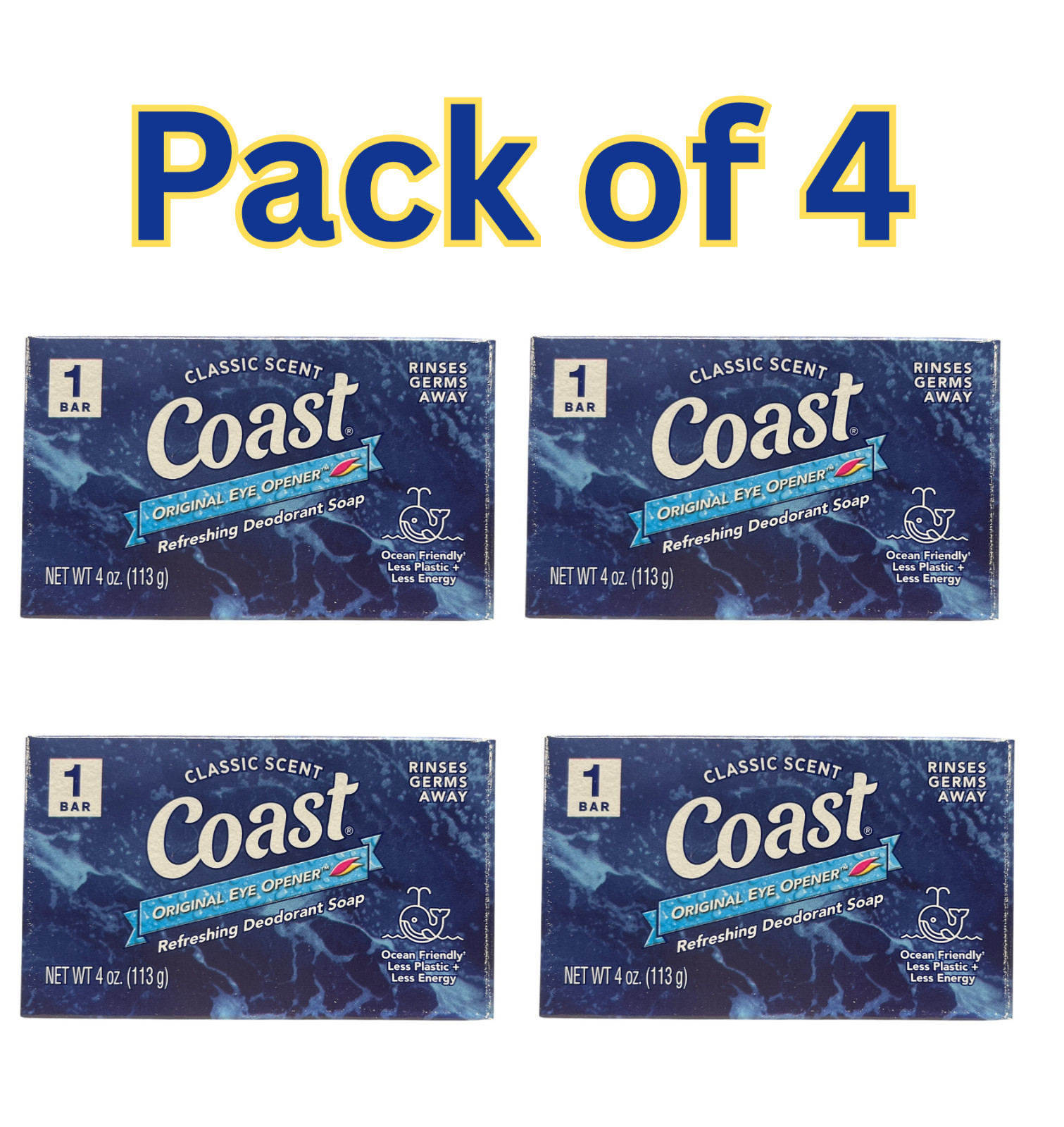 Coast Classic Scent Deodorant Soap Bar, 4 oz Each, Original Eye Opener Pack of 4