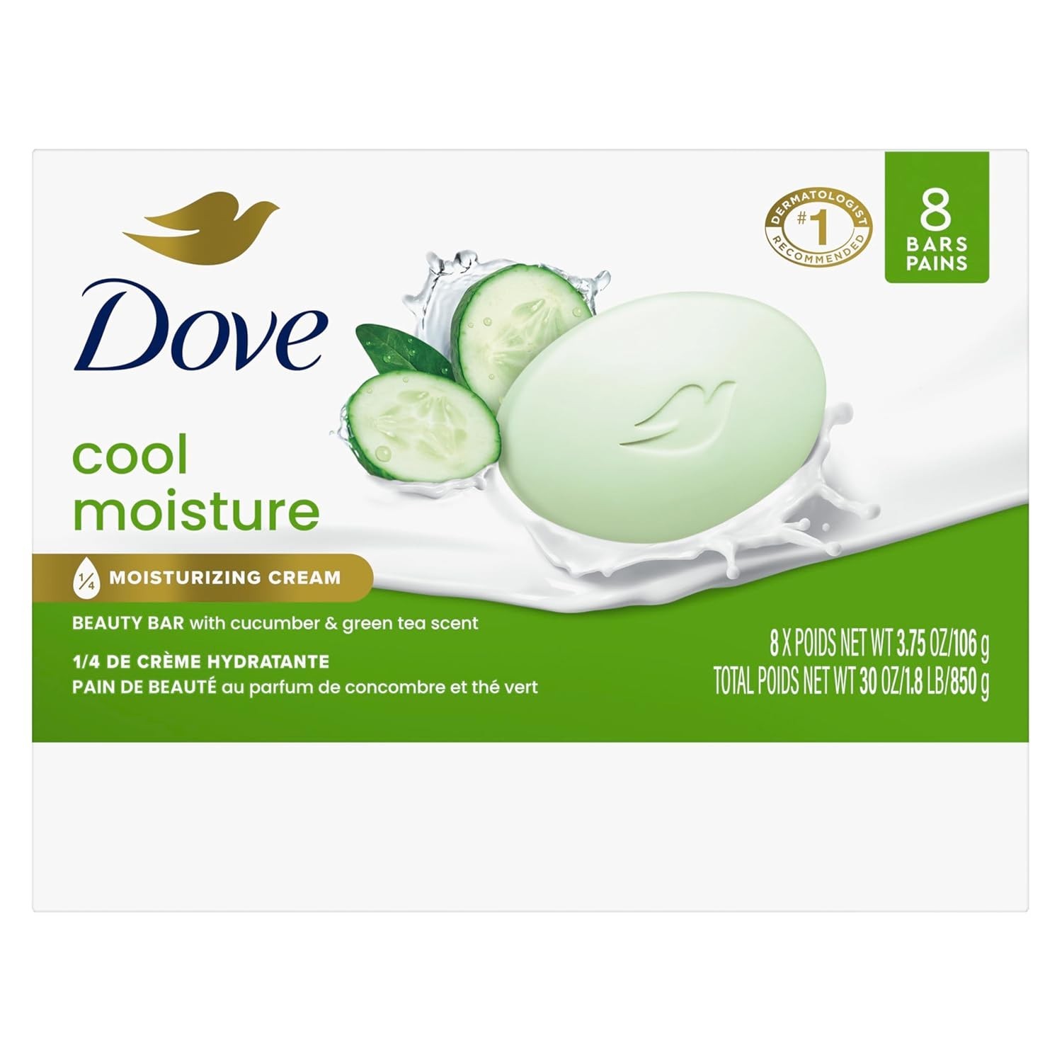 8 Bars of Cool Moisture Beauty Soap – Cucumber & Green Tea for Soft, Smooth Skin