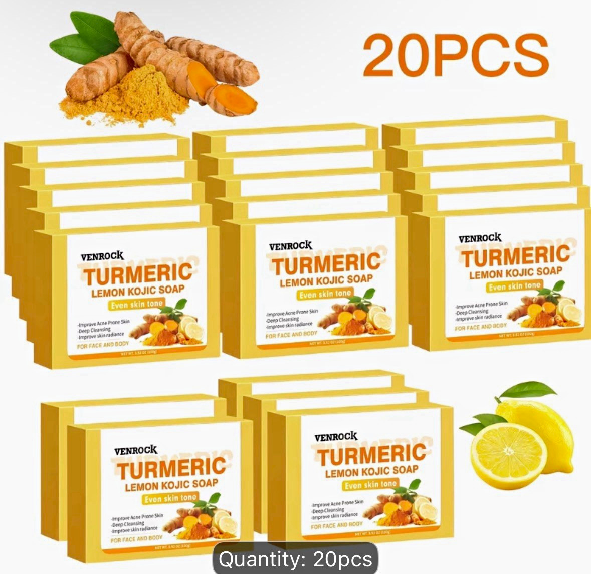VENROCK Turmeric Lemon Kojic Soap Deep Cleansing Face Body 20pcs 100g/3.52oz