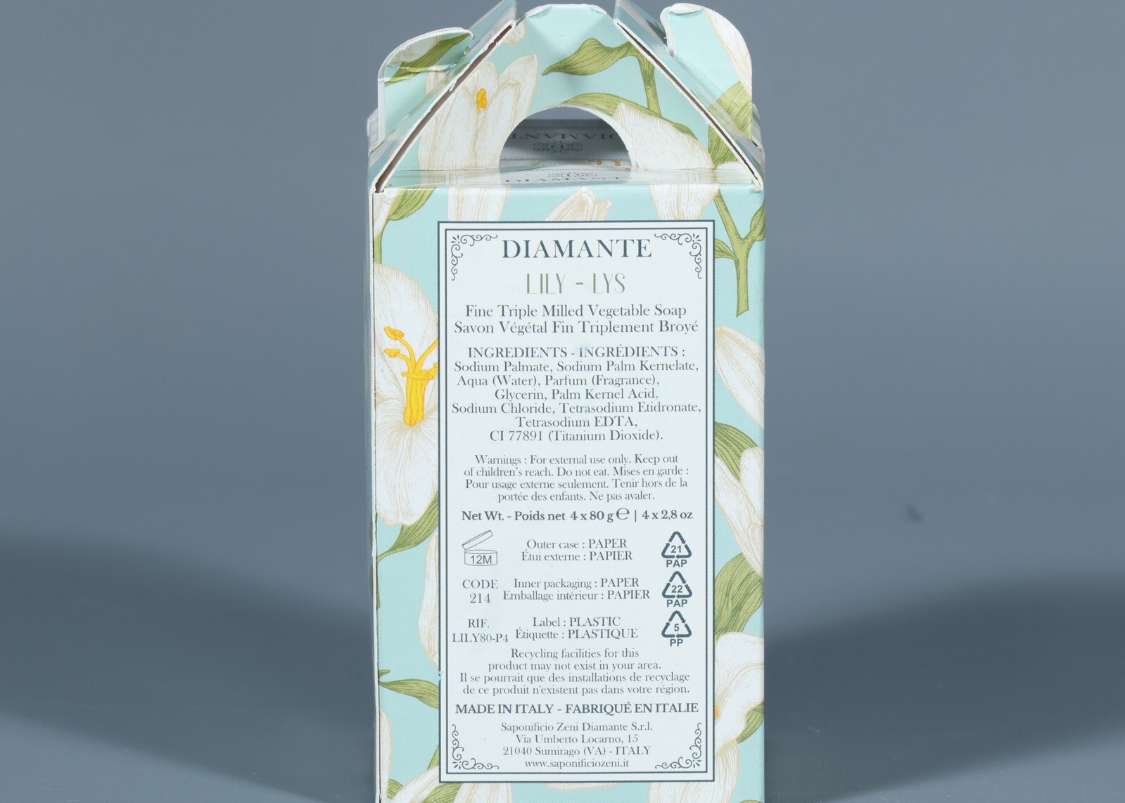 DIAMANTE LILY-LYS Vegat. Based Round Individually Wrapped Soaps 4×2.8 oz. Italy