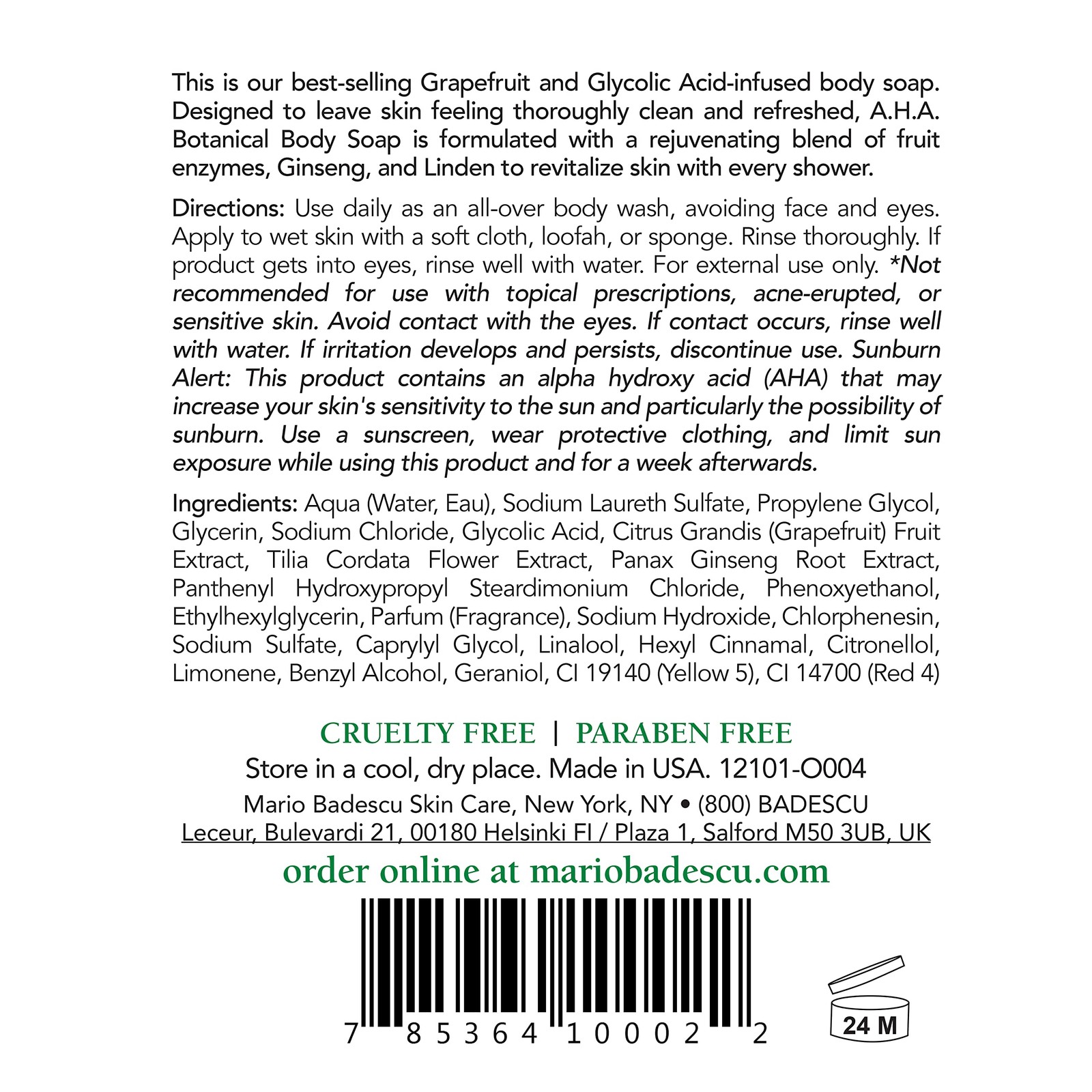 Mario Badescu AHA Botanical Body Wash Moisturizing, 16 Ounce (Pack of 1)