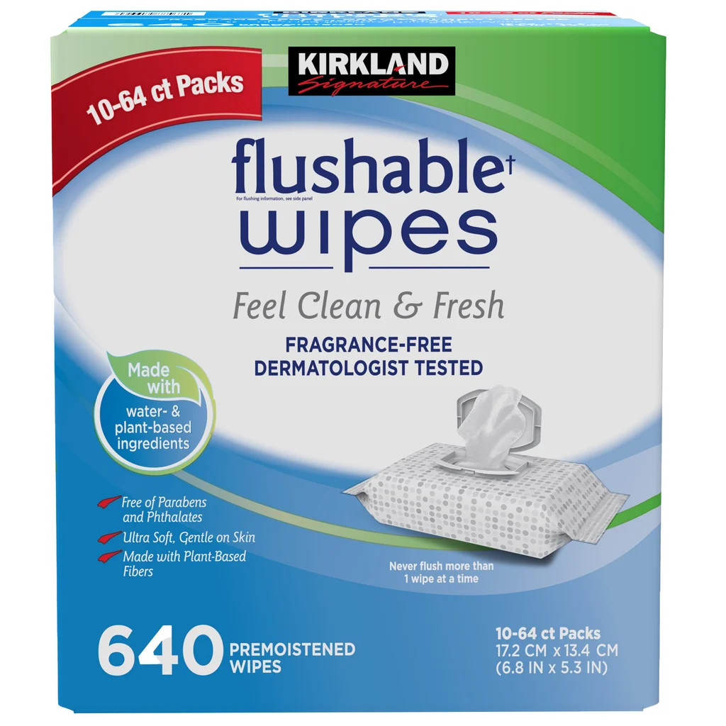 Kirkland Moist Flushable Wipes Unscented, 10 PKS x 64=640 Wipes, Clean Soft Wipe