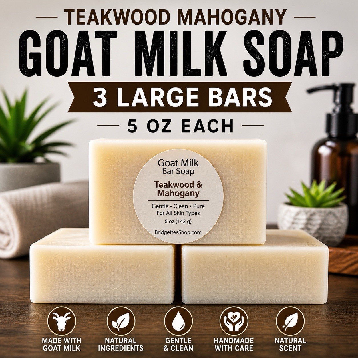 Men’s Goat Milk Soap Bars 3 Pack 5 oz Teakwood Mahogany Handmade Natural Soap
