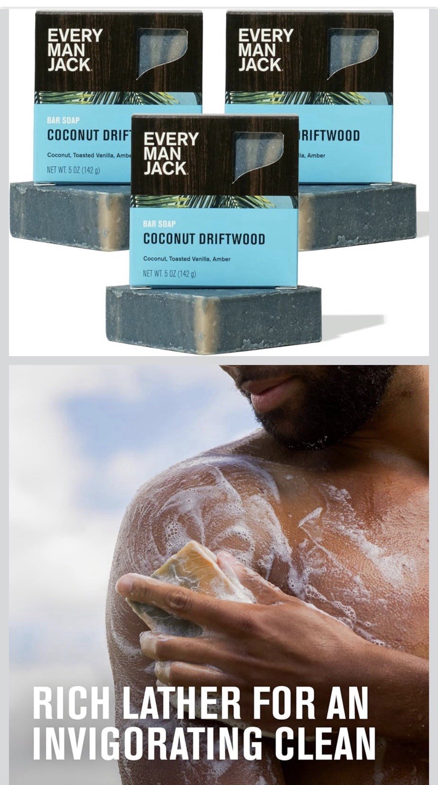 Every Man Jack Cold Processed Mens Bar Soap – Coconut + Driftwood Scent – 3Pack