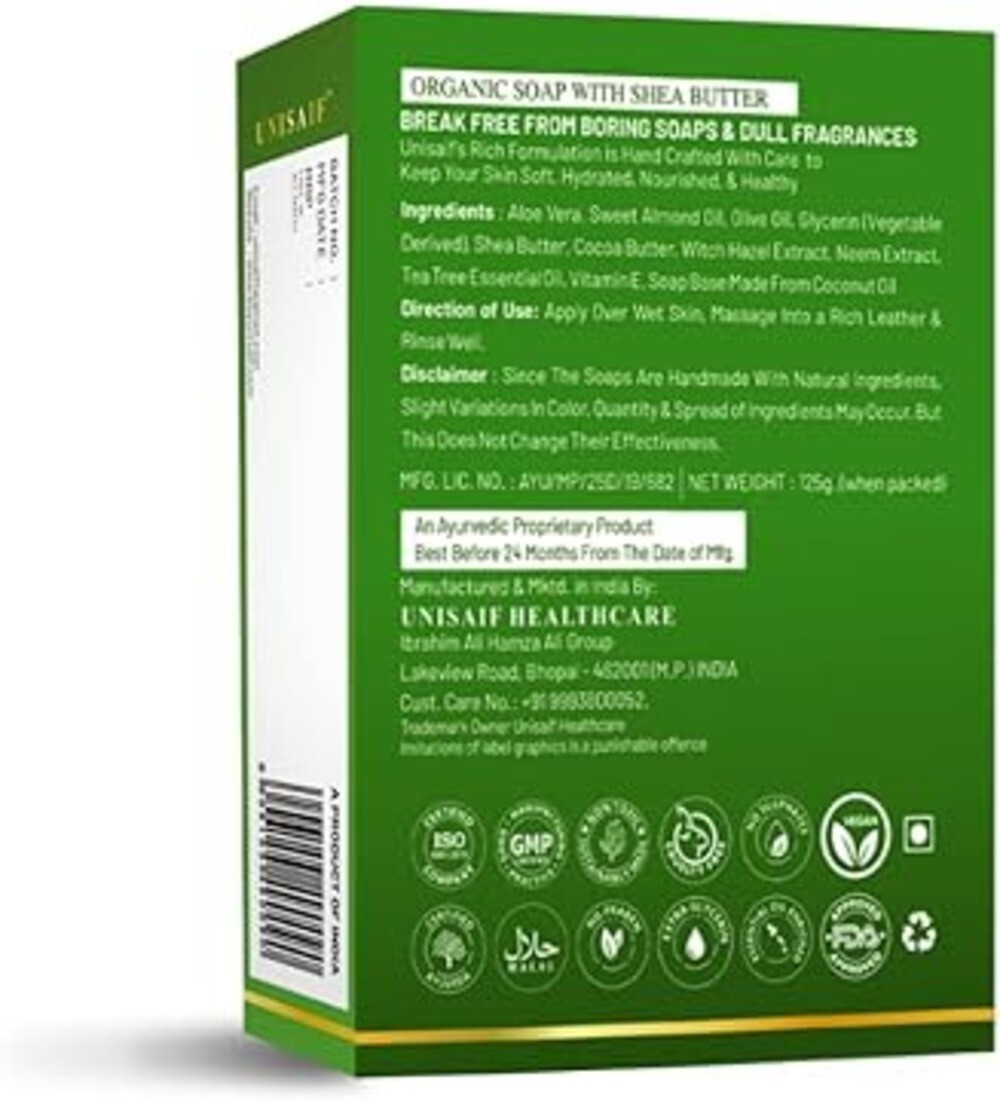Unisaif Tea Tree Organic Body Soap Bar, Natural Moisturizing With Shea Butter